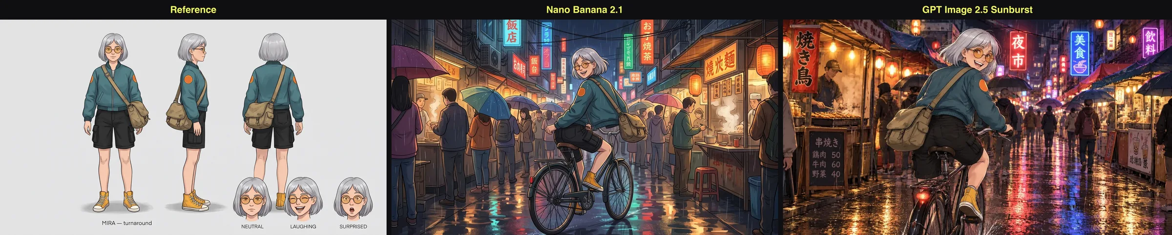 左为参考设定稿,中为 Nano Banana 2.1、右为 GPT Image 2.5 Sunburst 生成的夜市场景
