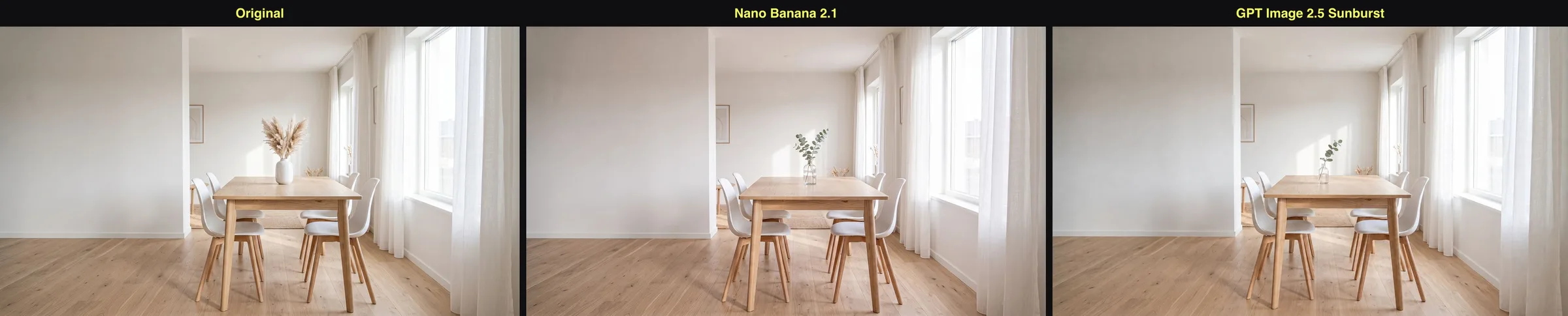 左为原图餐厅,中为 Nano Banana 2.1、右为 GPT Image 2.5 Sunburst 的编辑结果,都把白色花瓶换成了插桉叶的玻璃瓶