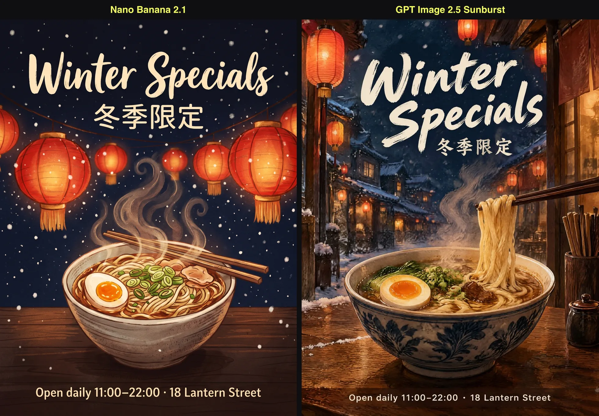 左为 Nano Banana 2.1,右为 GPT Image 2.5 Sunburst 的冬季菜单海报,Winter Specials、冬季限定和营业时间两边都写对了
