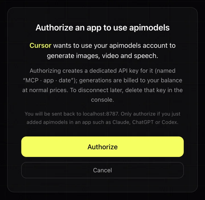 The apimodels.app authorization page: Cursor wants to use your apimodels account to generate images, video and speech