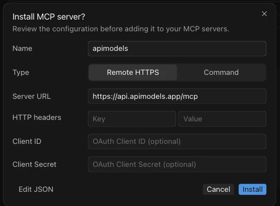 Cursor 的「Install MCP server?」确认框:Name 为 apimodels,Type 为 Remote HTTPS,Server URL 已填好,点 Install